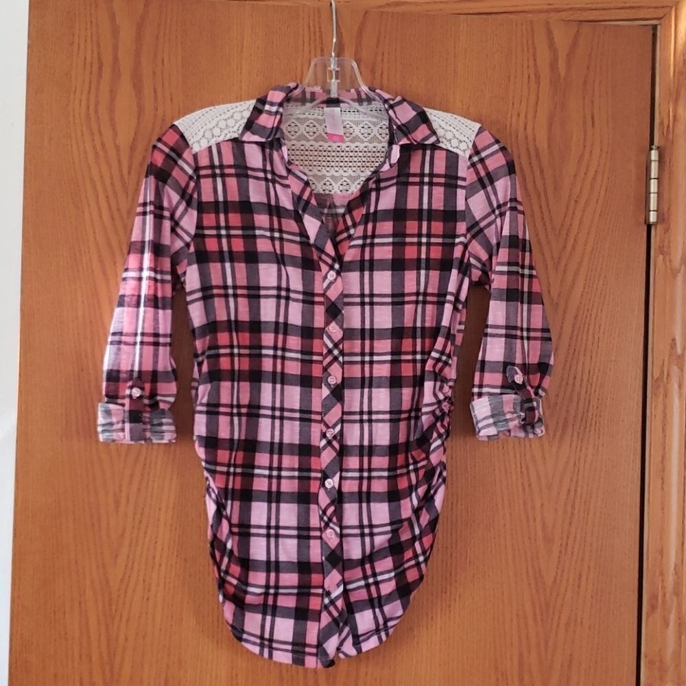 EUC Cute Light Flannel & Lace Top Jr Sz S (3-5)